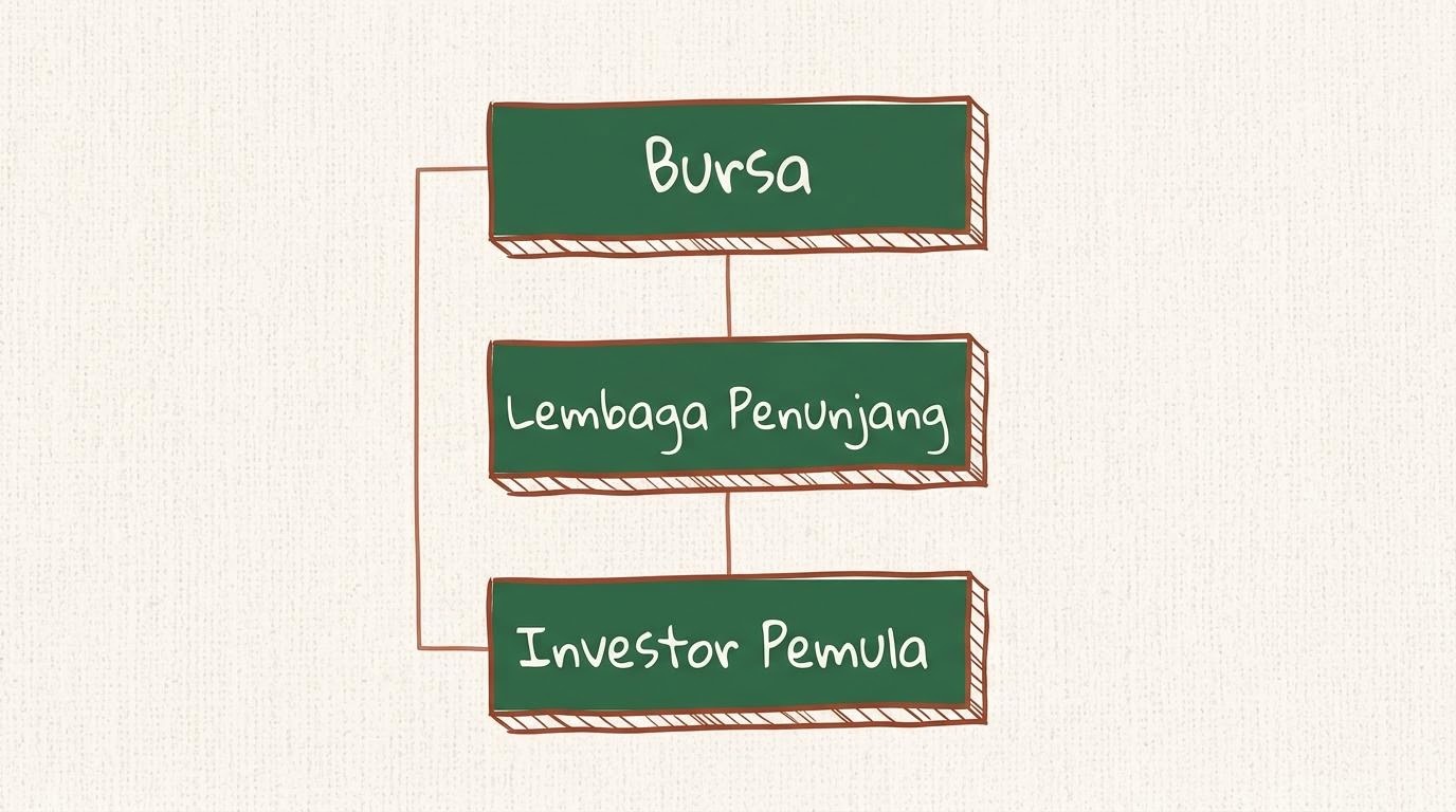 Diagram skematis tiga lapisan struktur bursa untuk edukasi pasar modal.