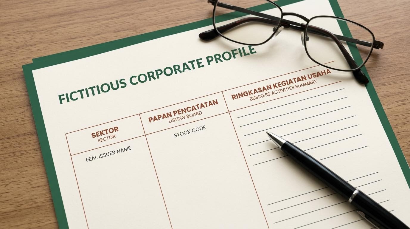 Profil perusahaan fiktif di atas meja baca untuk menjelaskan informasi emiten.
