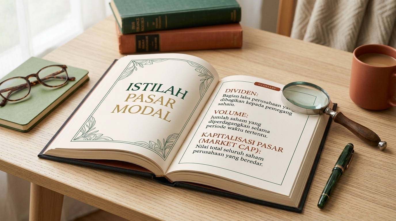 Kamus edukatif terbuka dengan istilah pasar modal di atas meja kayu.