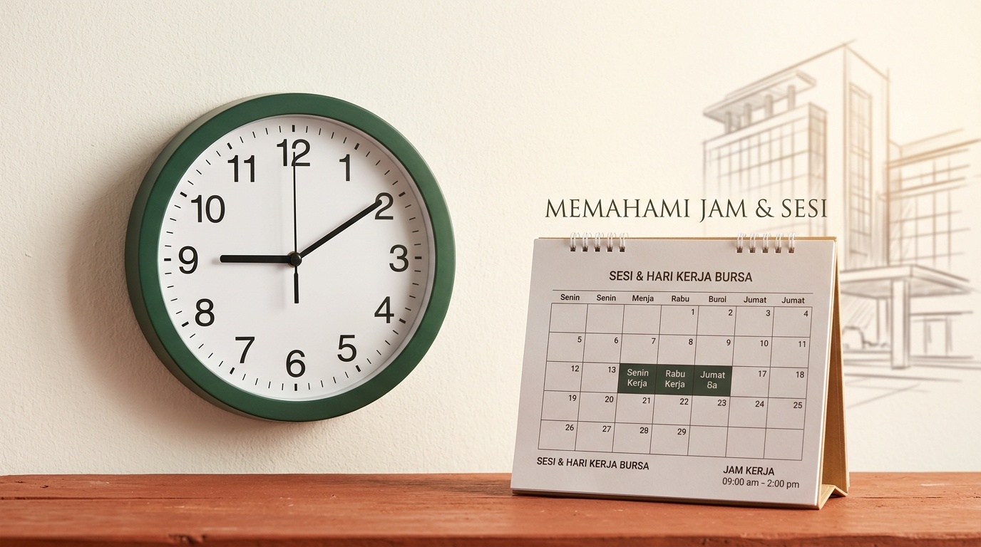 Jam analog dan kalender kertas untuk menjelaskan jam dan sesi bursa.