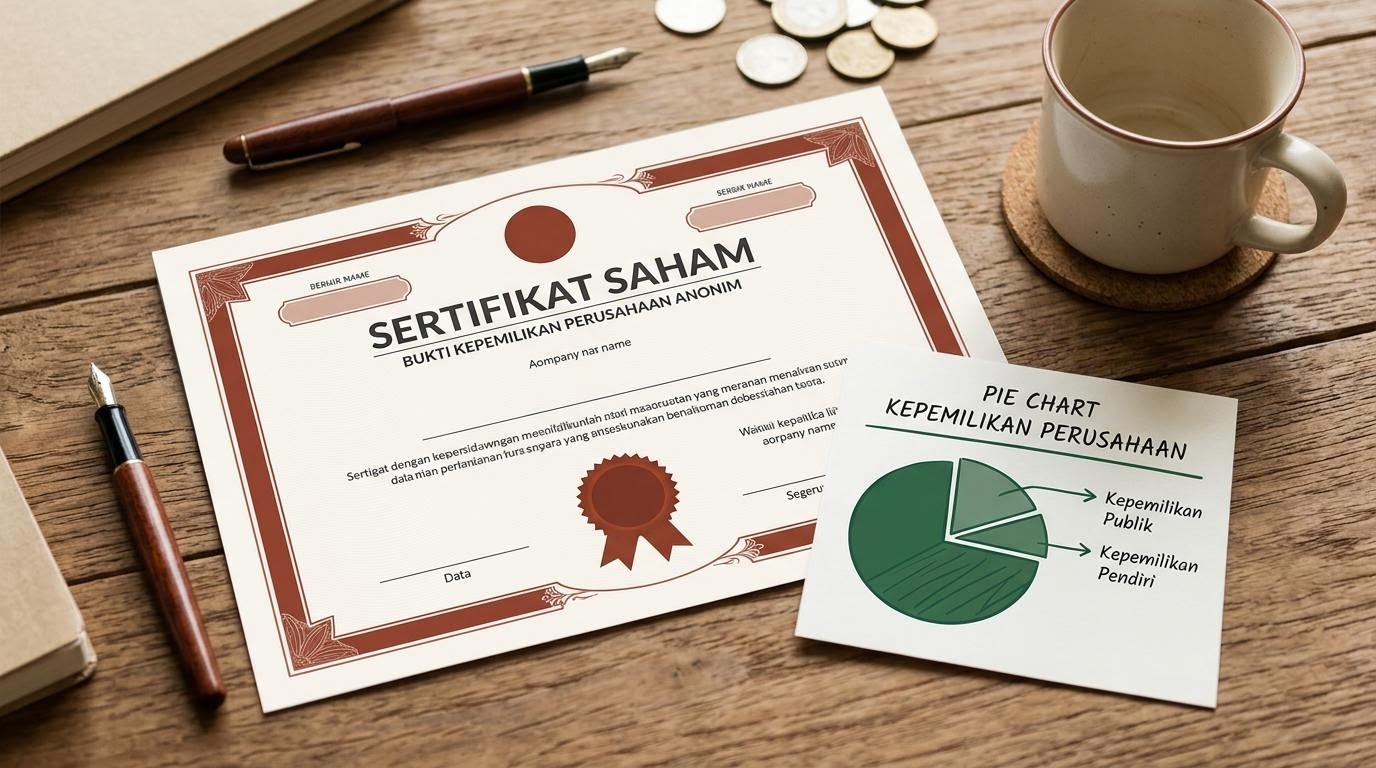 Sertifikat saham edukatif generik dengan diagram lingkaran kepemilikan perusahaan.
